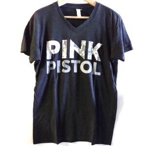 Graphic PIMATEE Pima Cotton V-Neck Short Sleeve T-shirt Top, "PINK PISTOL", M